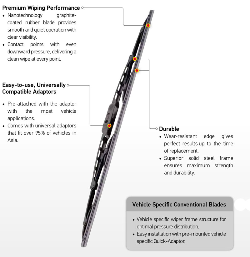 Premium wiping performance - nanotechnology graphite coated rubber blade provides smooth and quiet operation with clear visibility. Contact points with even downward pressure, delivering a clean wipe at every point. Easy to use, Universally Compatible Adaptors - Pre attached with the adaptor with the most vehicle applications. Comes with universal adaptors that fit over 95% of vehicles in Asia. Durable - Wear resistant edge gives perfect results up to the time of replacement. Superior solid steel frame ensures maximum strength and durability. Vehicle Specific Conventional Blades - Vehicle specific wiper frame structure for optimal pressure distribution. Easy installation with pre mounted vehicle specific Quick Adaptor.